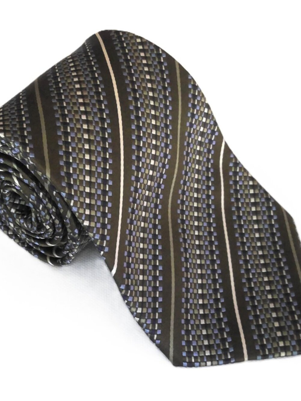 Bardelli Roma Men's Retro Necktie Olive Green Blue & Cream Striped 100% Silk
